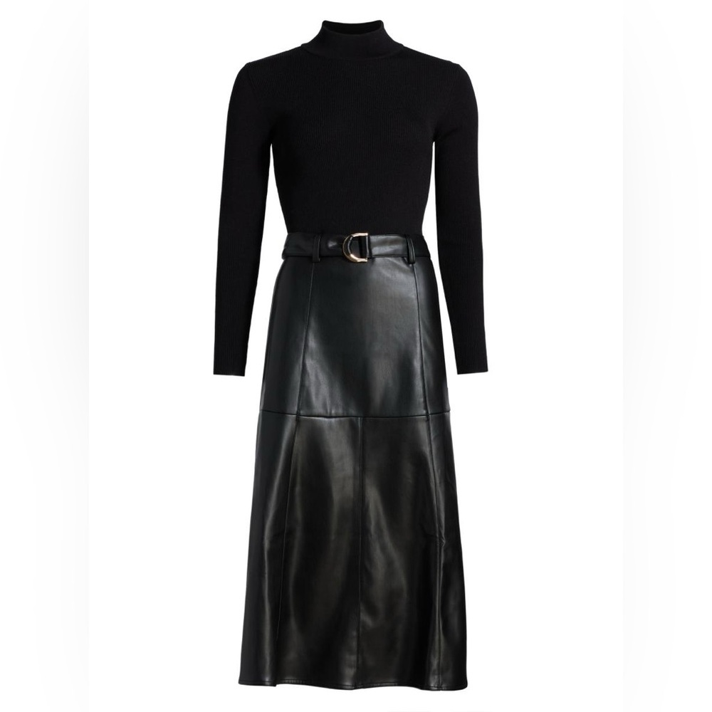 Elie Tahari Miranda Mixed Media Ribbed Knit Turtleneck Faux Leather Midi Dress L